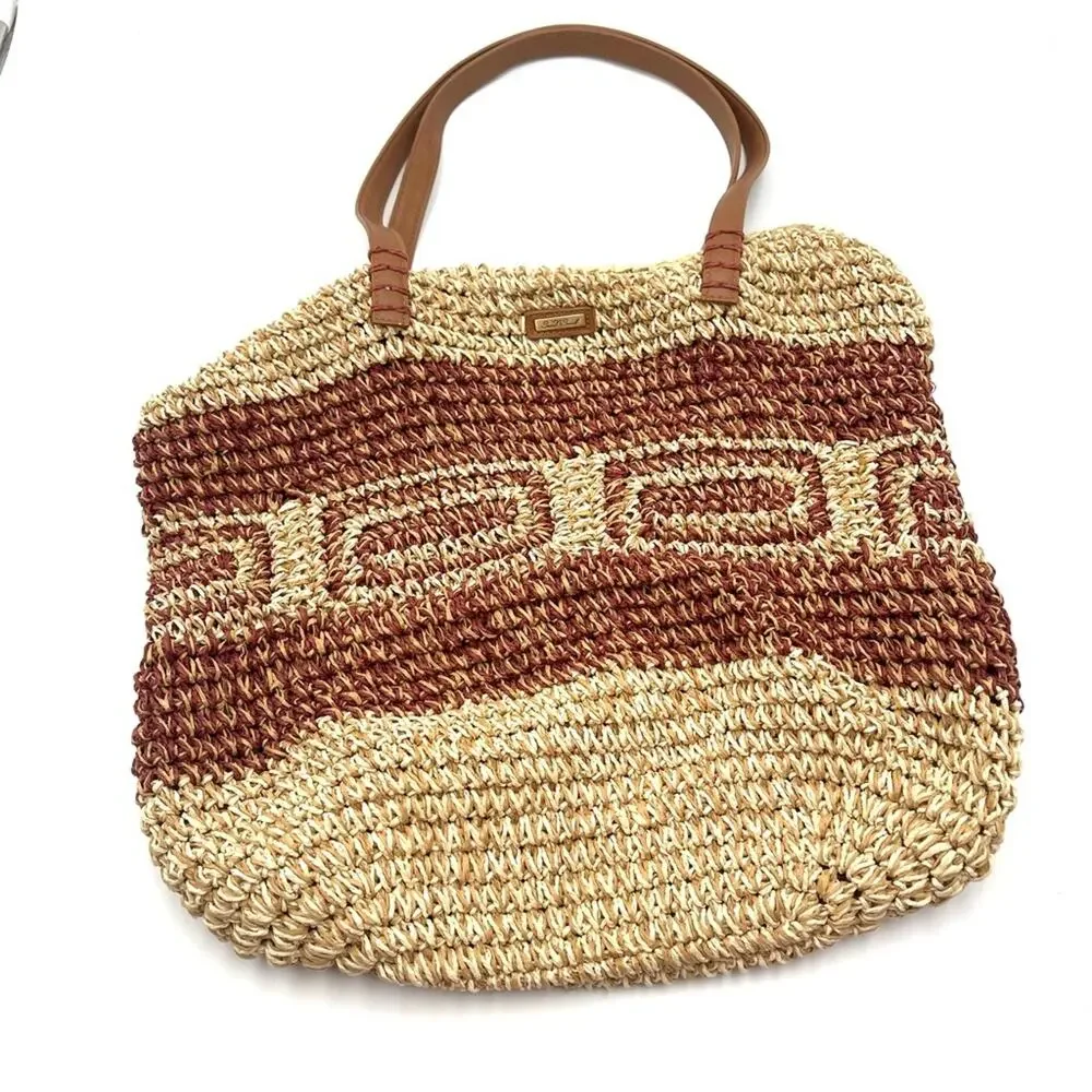 SUN N' SAND - Raffia Tote Bag Boho beach bag NWT faux leather strap